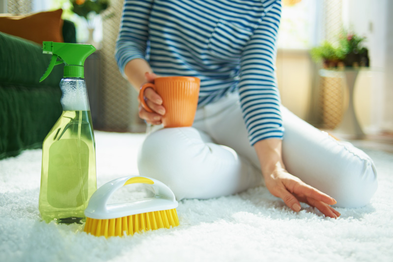 A women spot cleaning mud on her white rugs with a stiff brush.